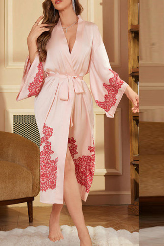 Satin Printed Long Sleeved Bathrobe and Nightgown