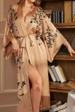 Satin Printed Long Sleeved Bathrobe and Nightgown