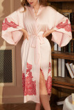 Satin Printed Long Sleeved Bathrobe and Nightgown