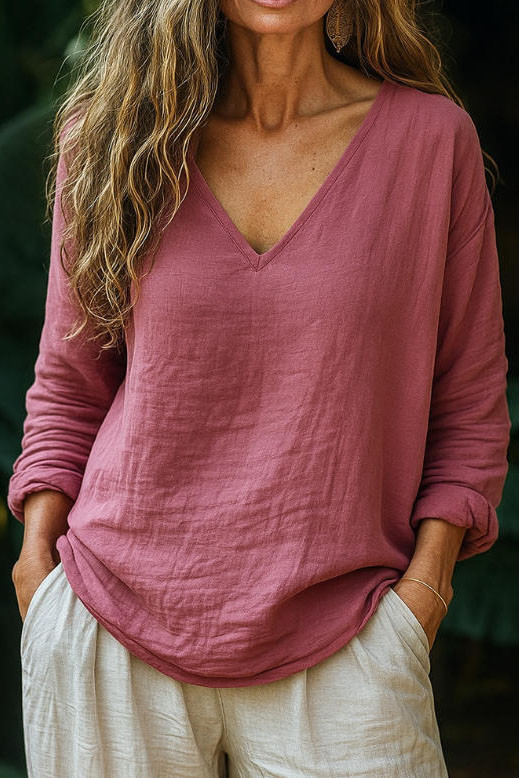 Cotton Linen Long Sleeved V-neck Solid Color Shirt