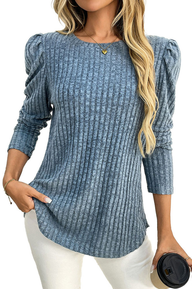 Solid Color Round Neck Bubble Long Sleeve T-Shirt