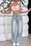 Solid Color Denim Straight Leg Pants