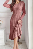 Round Neck Long Sleeved Ruffle Edge Dress