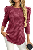 Solid Color Round Neck Bubble Long Sleeve T-Shirt