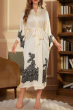 Satin Printed Long Sleeved Bathrobe and Nightgown
