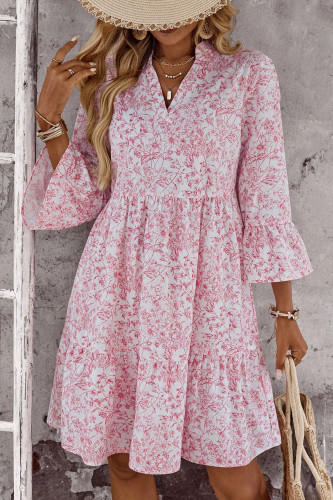 Printed V-Neck Flared Seven Quarter Sleeve Dress