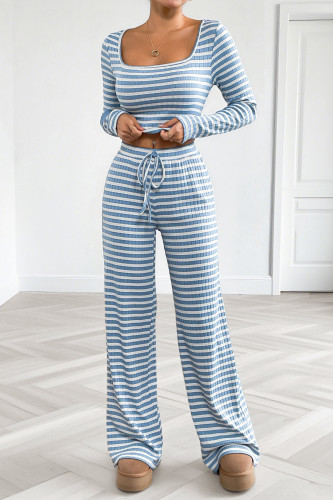Striped Printed Square Collar Shirt Pants Two-Piece Set