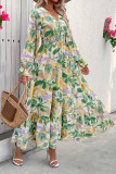 Floral Print Ruffled Long Sleeve Pleated Dress