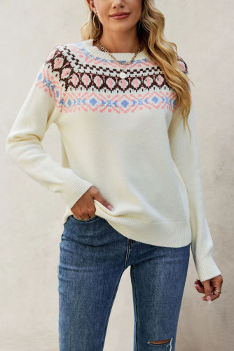 Vintage Round Neck Printed Long Sleeved Knitted Sweater