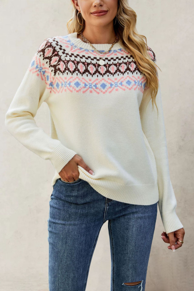 Vintage Round Neck Printed Long Sleeved Knitted Sweater