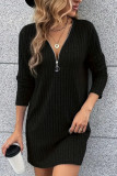 V-Neck Zipper Solid Color Long Sleeved Dress