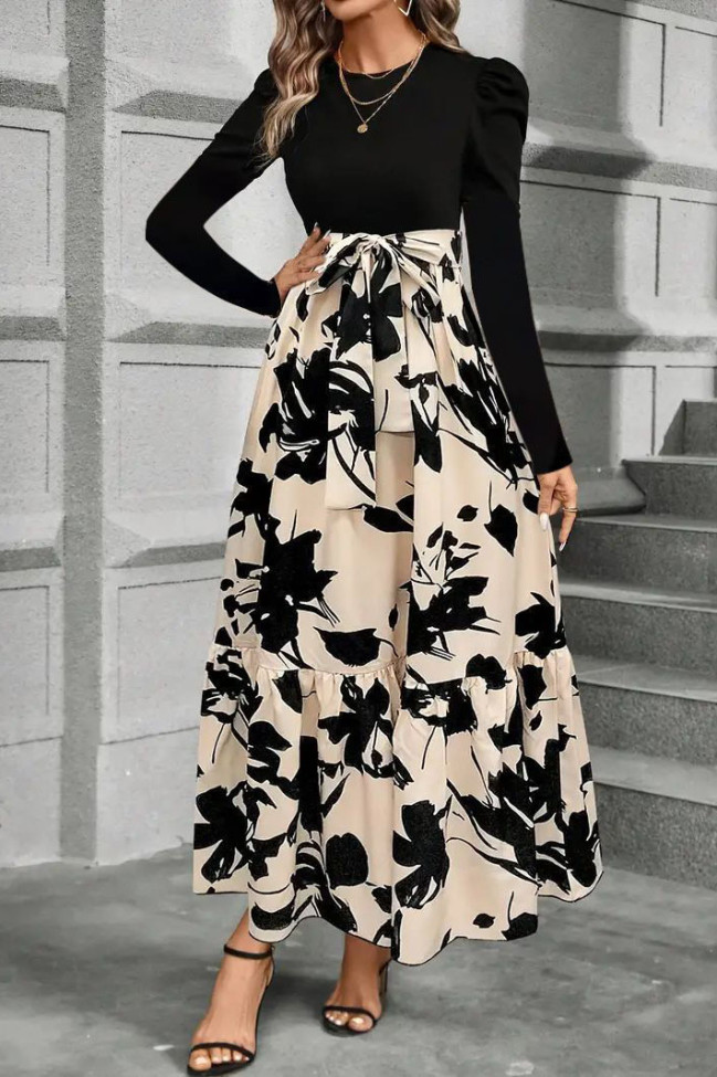 Floral Print Round Neck Long Sleeved Dress