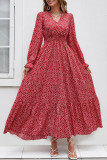 Floral Print Ruffled Long Sleeve Pleated Dress