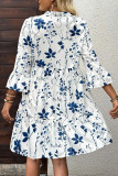 Printed V-Neck Flared Seven Quarter Sleeve Dress