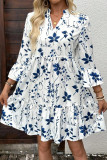 Printed V-Neck Flared Seven Quarter Sleeve Dress