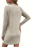V-Neck Zipper Solid Color Long Sleeved Dress