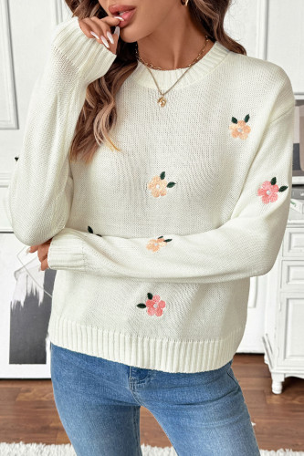 Embroidered Round Neck Long Sleeved Knitted Sweater