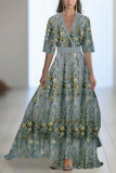 Deep V-Neck Long Sleeved Waist Cinched Dress