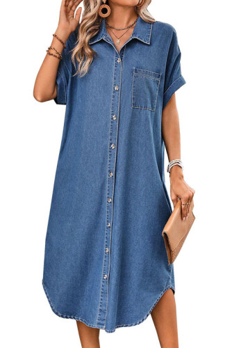 Retro Lapel Short Sleeved Denim Loose Dress