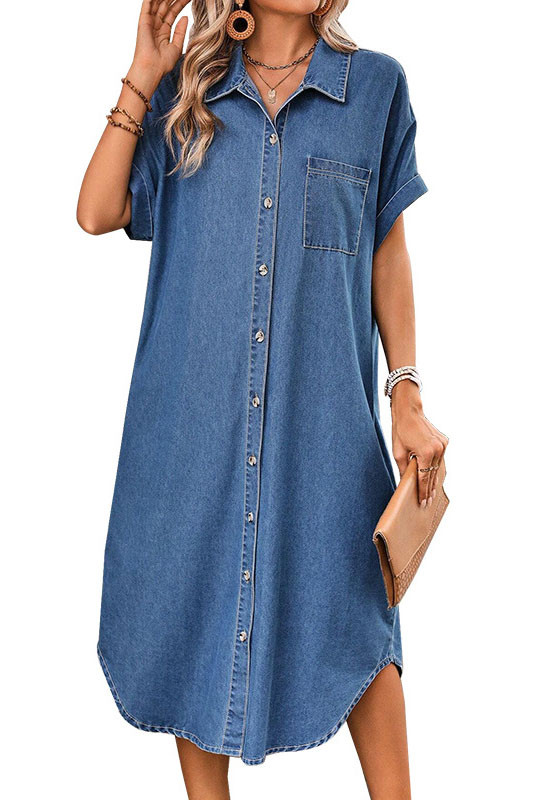 Retro Lapel Short Sleeved Denim Loose Dress
