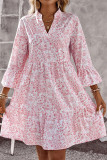 Printed V-Neck Flared Seven Quarter Sleeve Dress