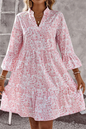 Printed V-Neck Flared Seven Quarter Sleeve Dress