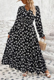Floral Print Ruffled Long Sleeve Pleated Dress