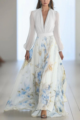 Deep V-Neck Long Sleeved Waist Cinched Dress