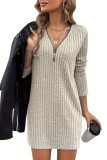 V-Neck Zipper Solid Color Long Sleeved Dress