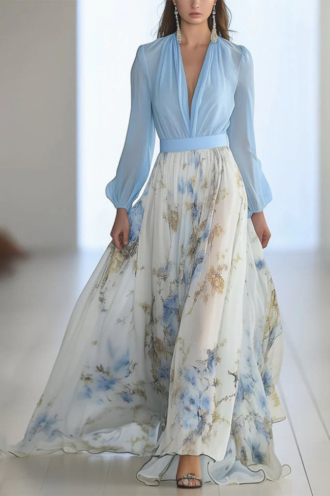 Deep V-Neck Long Sleeved Waist Cinched Dress