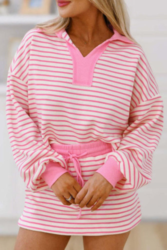 Striped Lapel Long Sleeved Sweatshirt Short Skirt Two-Piece Set