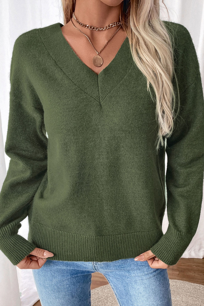 V-Neck Solid Color Long Sleeved Cross Back Sweater