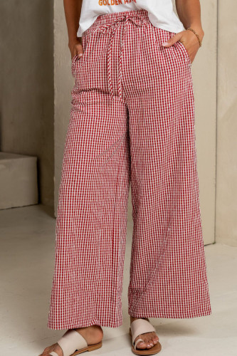 Grid Printed Elastic High Waisted Wide Leg Pants