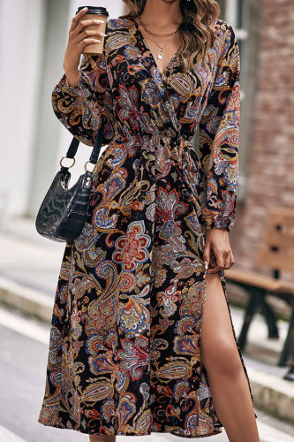 Retro Style V-Neck Printed Waist Cinching Dress