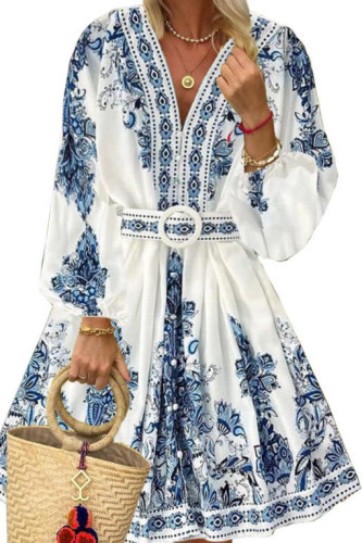 Bohemian Print V-neck Long Sleeved Dress