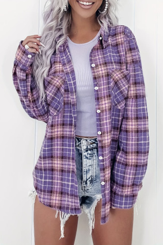 Plaid Printed Long Sleeved Lapel Cardigan Shirt