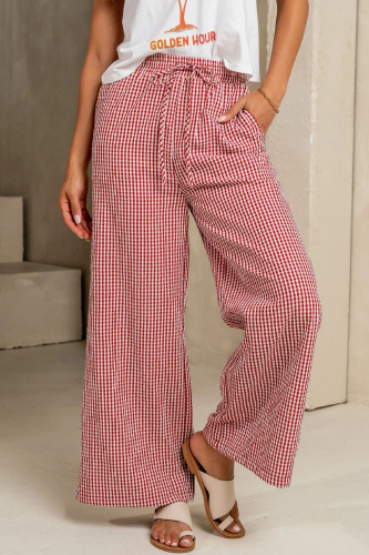Grid Printed Elastic High Waisted Wide Leg Pants