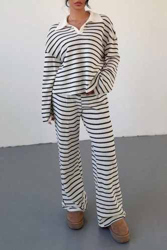 Striped Lapel Long Sleeved Shirt Wide Leg Pants Two-Piece Set