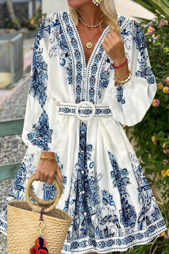 Bohemian Print V-neck Long Sleeved Dress