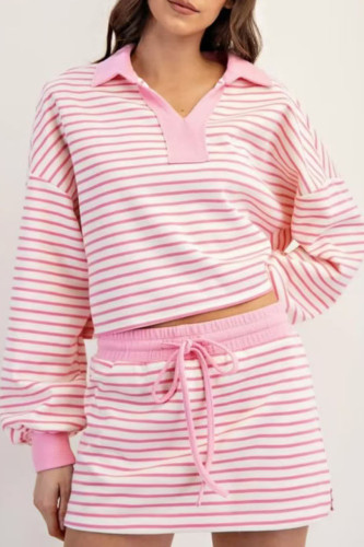 Striped V-Neck Long Sleeved Sweatshirt Short Skirt Two-Piece Set