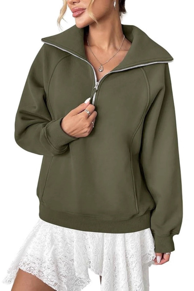 Solid Color Half Zip Lapel Long Sleeved Sweatshirt