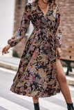 Retro Style V-Neck Printed Waist Cinching Dress