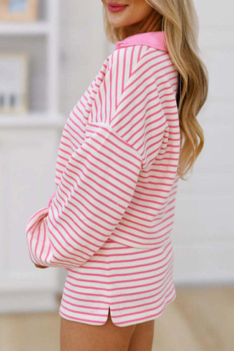 Striped Lapel Long Sleeved Sweatshirt Short Skirt Two-Piece Set