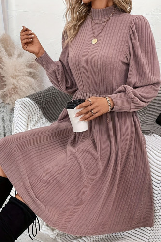 Jacquard Long Sleeved Round Neck Waist Cinched Dress
