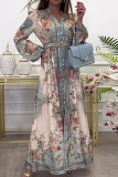 V-Neck Long Sleeved Printed Retro Dress