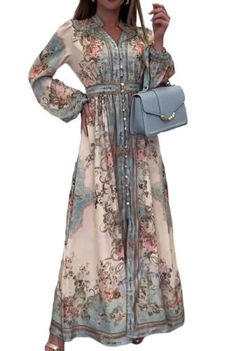 V-Neck Long Sleeved Printed Retro Dress