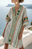 Deep V-Neck Printed Short Sleeved Beach Dress