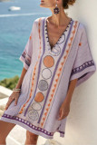 Deep V-Neck Printed Short Sleeved Beach Dress