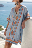 Deep V-Neck Printed Short Sleeved Beach Dress