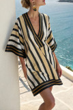 Deep V-Neck Printed Short Sleeved Beach Dress
